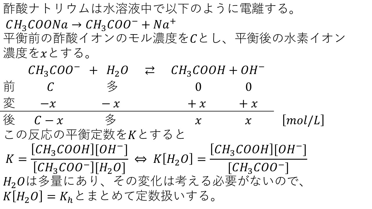 電離平衡で考える塩の加水分解 塩の加水分解は存在しない と言える理由 計算の進め方 水のイオン積についても解説しています 化学計算の王道 大学受験の王道